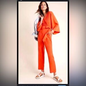 Orange Anthropologie Amadi wrap Jumpsuit casual boho fall classic bow $120